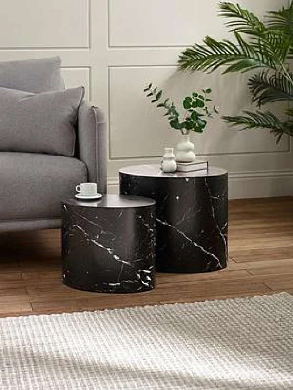 Image of SO'HOME Tova Marble Effect Nesting Drum Side Tables (Set of 2) Black Marble ONE SIZE