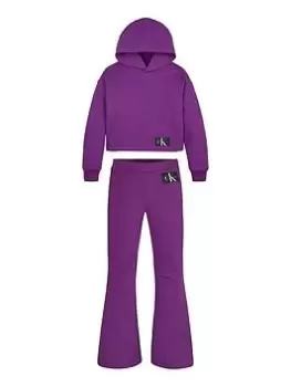 Image of Calvin Klein Jeans Girls 2 Piece Proportion Play Hoodie and Flares Set - Purple, Purple, Size Age: 10 Years, Women