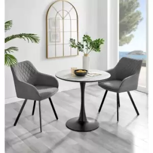 Image of Furniture Box Elina White Marble Effect Round Dining Table and 2 Dark Grey Falun Black Leg Chairs