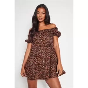 Image of I Saw It First Brown Leopard Print Woven Button Front Bardot Mini Dress - Brown