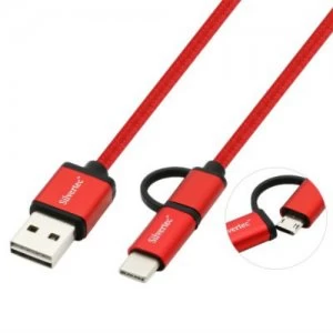 Image of Silvertec 2 In 1 Reversible USB A Male to Micro USB + USB-C TCM-10 (1M) - Red