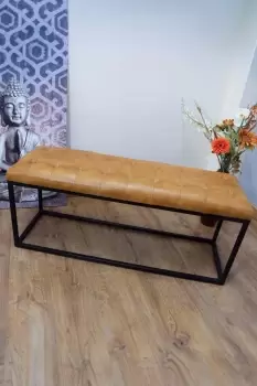 Image of Genuine Tan Leather Hand Stitched Indoor Bench