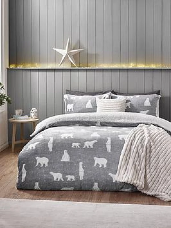 Image of Catherine Lansfield Catherine Lansfield 'Cosy Polar Bear' Soft Sherpa Duvet Cover Set in Grey Size: Double Grey Double Unisex 5057681156316