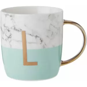 Image of Pastel Green L Letter Monogram Mug Large Coffee / Tea Mug Stylish Marble Pattern With Golden Handle 9 x 9 x 12 - Premier Housewares