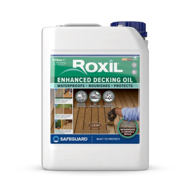 Image of Roxil Enhanced Decking Oil - 5L Clear - Weatherproof, Nourish And Protect Outdoor Wood With Added Uv Protection