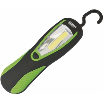 Image of COB LED Work Light with Magnetic Back and Hanging Hook, 3W, 200 Lumens, Green, 3 x AA Batteries Supplied [94520] - Draper