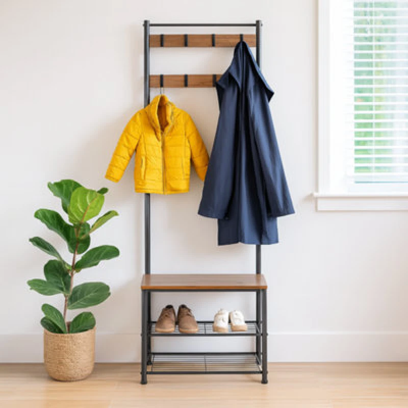 Image of Harbour Housewares Square Steel Coat Rack With Shoe Storage Bench - Black/brown