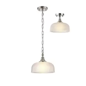 Image of DeRuyter Flush, Single Ceiling Pendant, Adjustable E27, Polished Nickel, Prismatic Glass