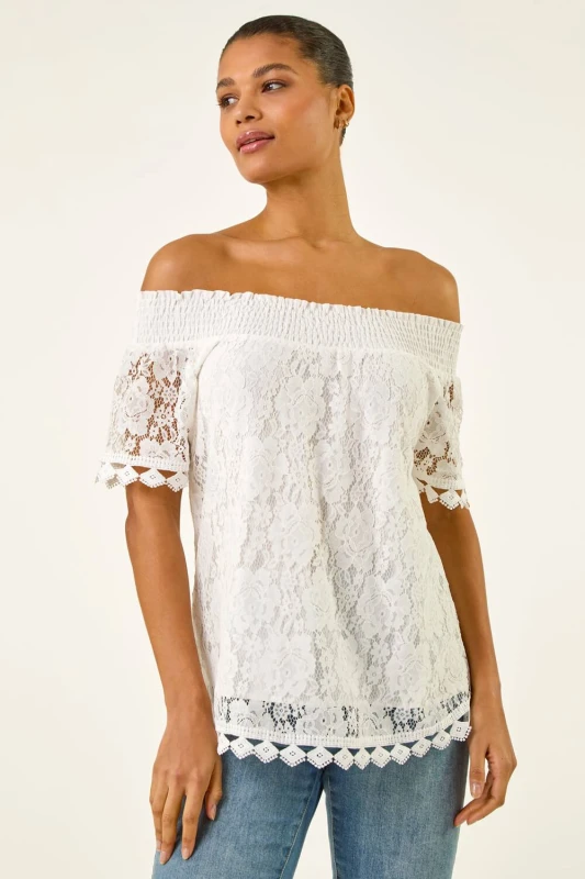 Image of Roman Womens Lace Detail Bardot Top in Ivory Size: 20 Ivory Female 20