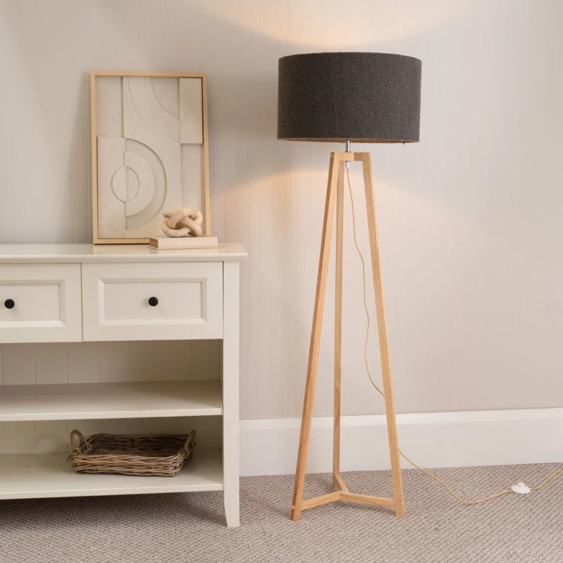 Image of ValueLights Lottie Natural Wood Tripod Floor Lamp with Boucle Drum Shade and LED Bulb Charcoal