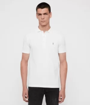 Image of AllSaints Mens Cotton Slim Fit Reform Short Sleeve Three-Button Polo Shirt, White, Size: XXL