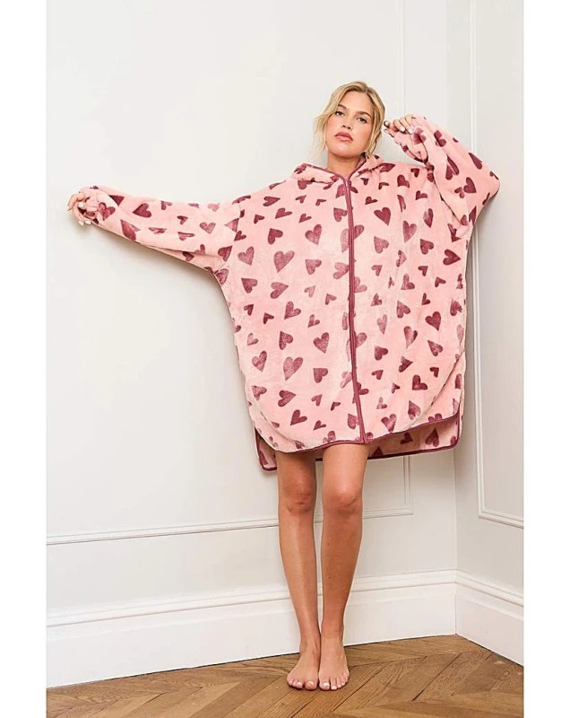 Image of Jim Jam The Label Heart Print Oversized Zip Hoody Pink - Jim Jam The Label - Size: ONE SIZE Pink Female ONE SIZE MO50901