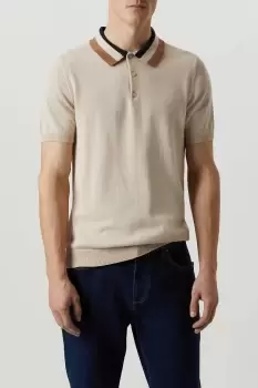 Image of Pure Cotton Stone Collar Detail Knitted Polo Shirt