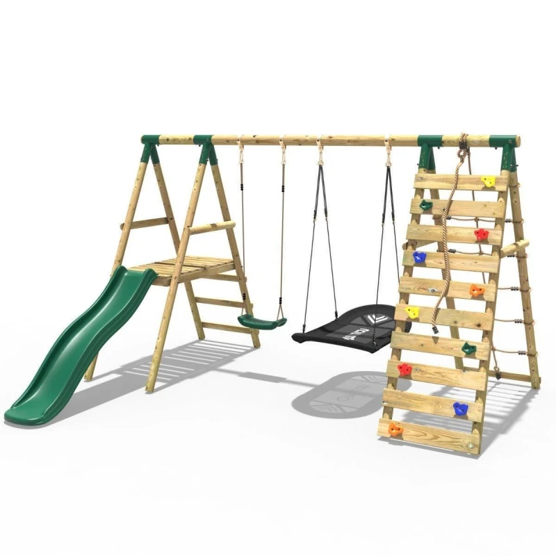 Image of Rebo Wooden Swing Set with Boat Swing, Slide and Climbing Wall - Quartz Green Green