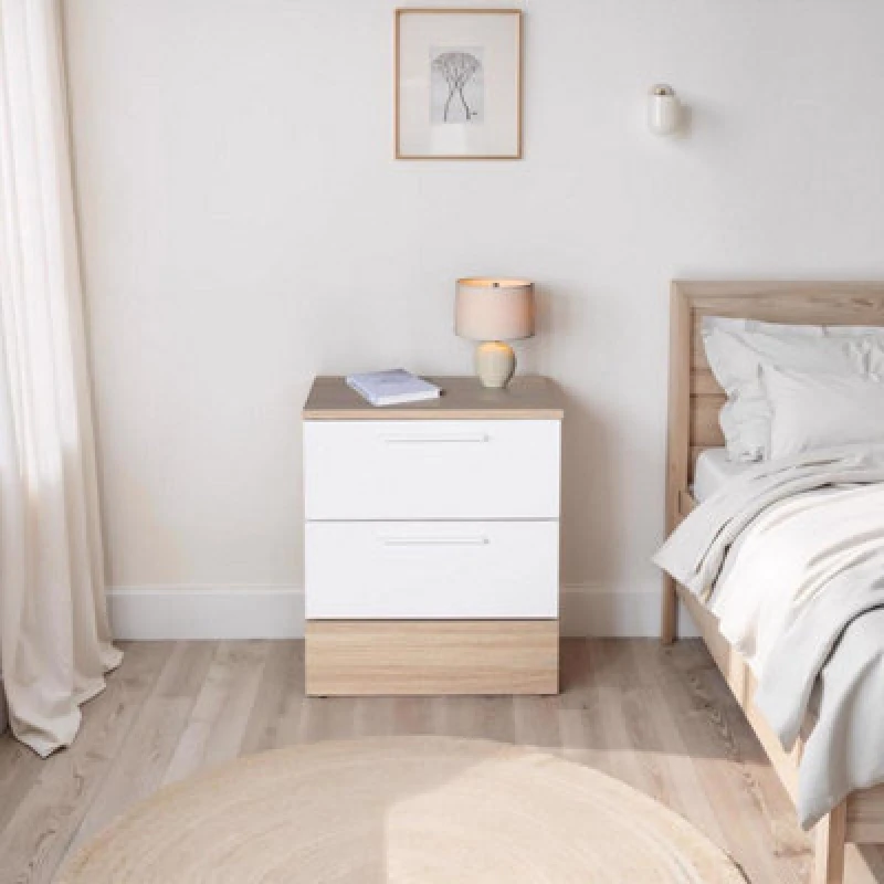 Image of FWStyle FWStyle 2 Drawer Bedside Table Nighstand Two Tone White & Oak White One Size Unisex 5056413130860