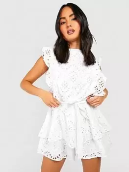 Image of Boohoo Broderie Ruffle Playsuit - White, Size 16, Women