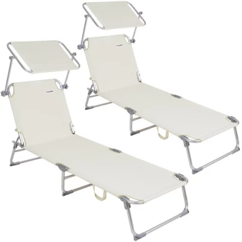 Image of Sun Lounger Folding Sunbed Adjustable Backrest Sunshade Breathable Reclinable Beach Garden Pool Fast Dry 2x Off White - Casaria