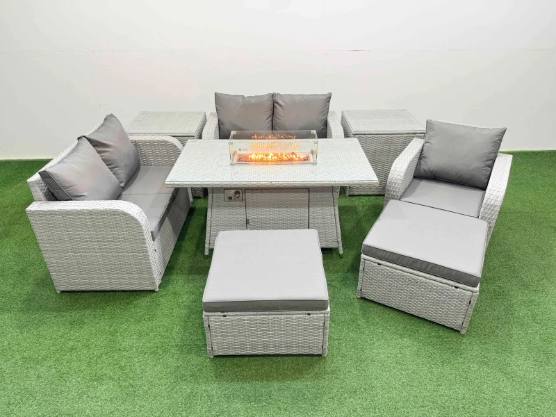 Image of Fimous High Back Poly Rattan Garden Furniture Set with Reclining Chair Loveseat Sofa Firepit Dining Table Indoor Outdoor Patio Set 2 Big Stool 2 Side