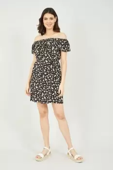 Image of Black Floral Bardot Belted Dress