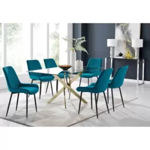 Image of Furniture Box Leonardo 6 Gold Dining Table and 6 Blue Pesaro Black Leg Chairs