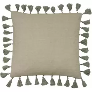 Image of Furn Dune 100% Cotton Chambray Tasselled Cushion Cover, Sage, 45 x 45 Cm