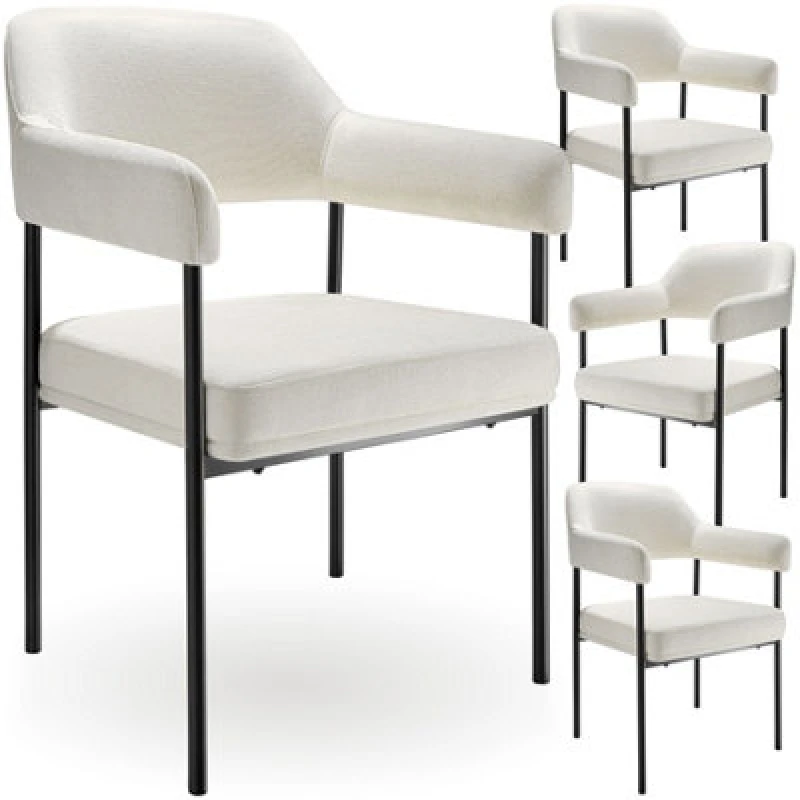Image of Tectake Set Of 4 Armchair Doe - Durable Fabric, Black Powder-Coated Legs, 120 Kg Load, 58 X 62 X 85cm - Woven Fabric Off-White/black