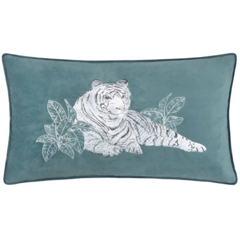 Image of Paoletti Paoletti Odisha White Tiger Embroidered Cushion in Blue Size: 30cm x 50cm Blue 30cm x 50cm Unisex 5025532847348