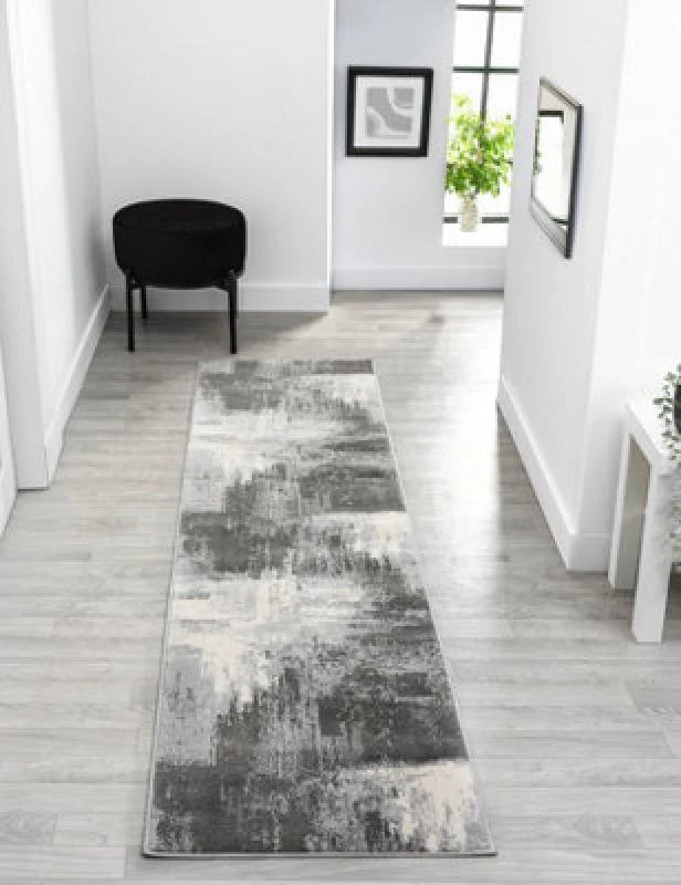 Image of Obsidian Modern Low Pile Area Rug - Craft Abstract Design Grey 60Cm X 220Cm