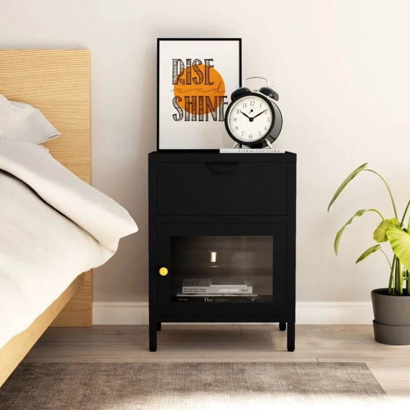 Image of VIDAXL Nightstand Black 40x30x54.5cm Steel and Glass Vidaxl 8720286564172