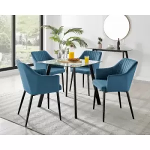 Image of Furniturebox Seattle Glass and Black Metal Leg Square Dining Modern Industrial Dining Table & 4 Blue Calla Black Leg Velvet Chairs