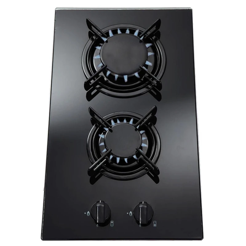 Image of SIA 30cm 2 Burner Black Glass On Gas Domino Hob With Enamel Pan Stands- GHG302BL Black