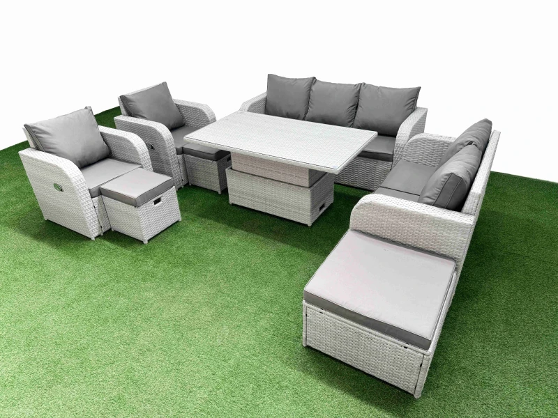 Image of Fimous PE Rattan Garden Furniture Set Reclining Chair Sofa Double Love Seat 2 Seater Sofa Lounge Set Adjustable Lifting Dining or Coffee Table 3 Stool