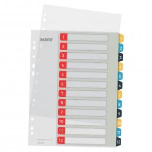 Image of Leitz Cosy 1-12 Printable Index - PP 12 coloured tabs printed 1-12 -
