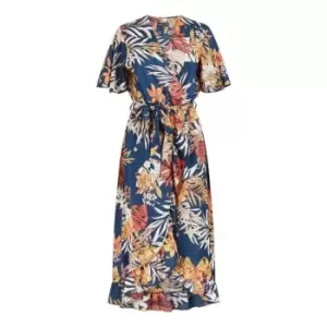 Image of Mela London Navy Satin Leaf Print Wrap Midi Dress - Blue