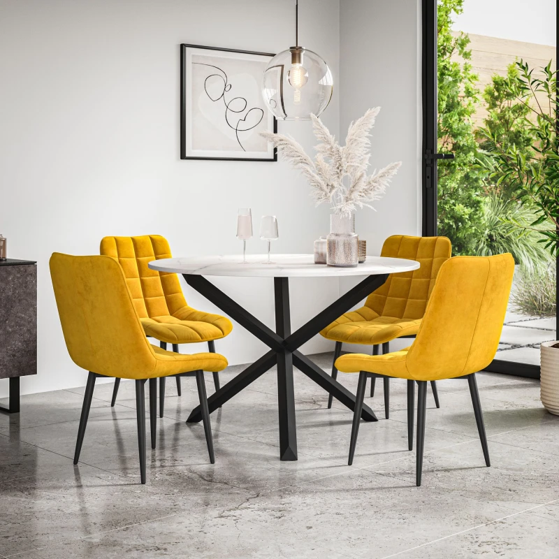 Image of More4Homes Malvern Round Dining Table And Chairs - Marble Table Top W Solid Black Oak Legs + Nova Velvet Dining Chair Set Of 4 (Mustard)