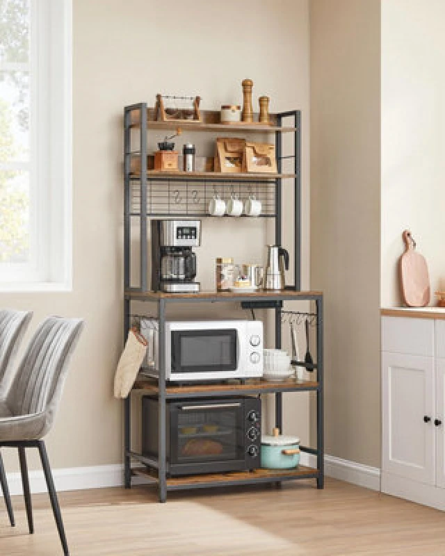 Image of Songmics Kitchen Storage Rack With Power Outlet, Coffee Bar, Baker's Rack, With Wire Panel, Hooks, Rustic Brown And Ink Black