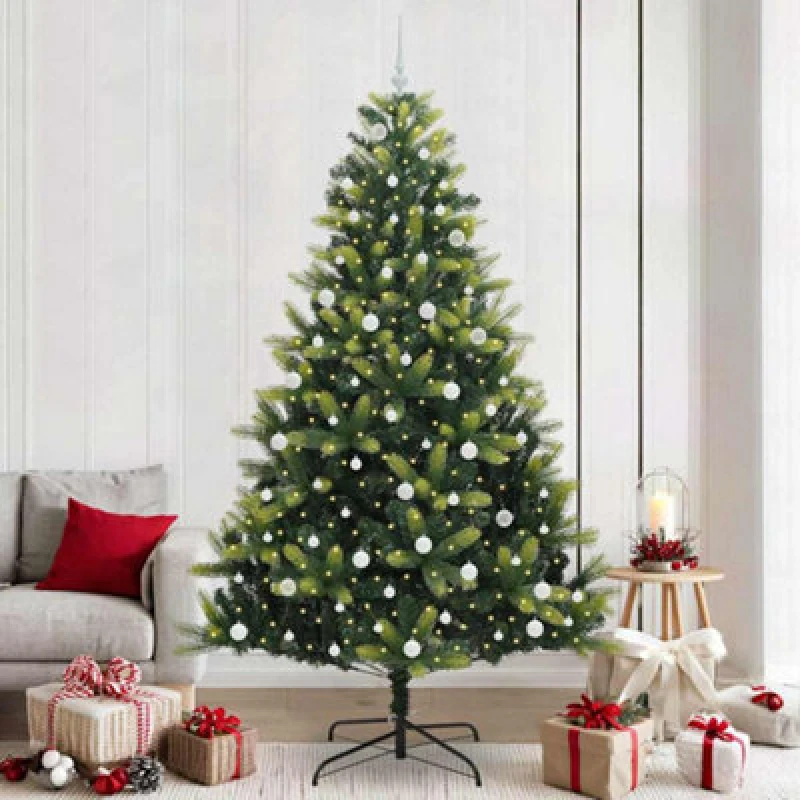Image of vidaXL Artificial Hinged Christmas Tree 300 LEDs, White Balls Green 240 cm, Green 3396012