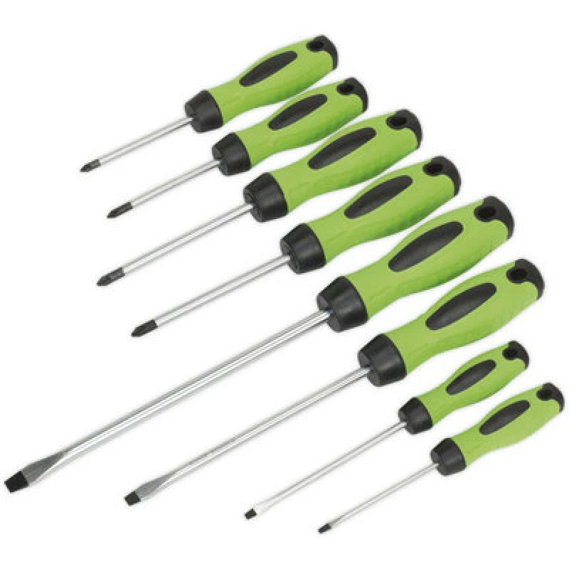Image of Loops 8 PACK - Hi-Vis Green Screwdriver Set - Slotted Phillips POZI Premium Drivers Green