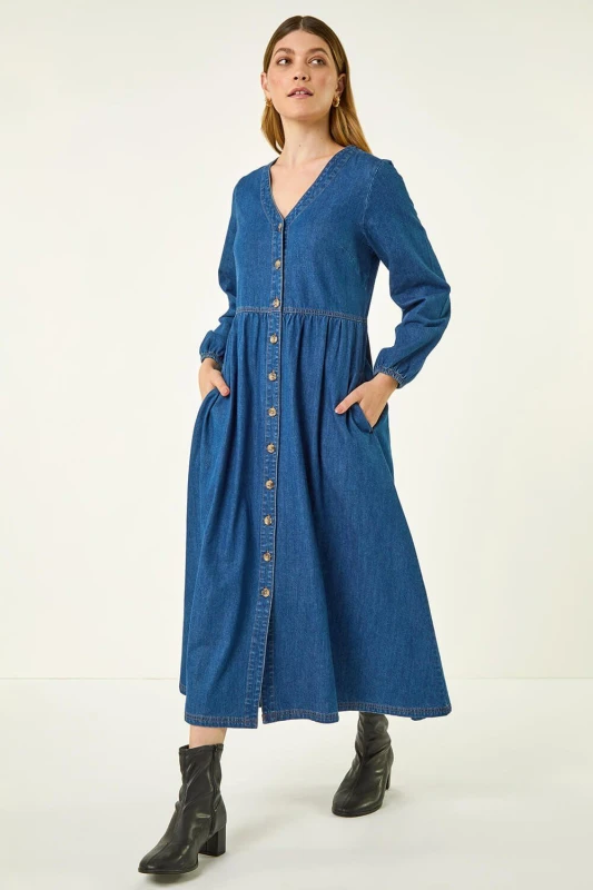 Image of Roman Womens Denim Button Through Midi Dress in Blue Size: 12 Blue Female 12