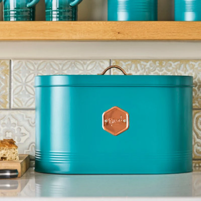 Image of Cooks Professional Bread Bin - Modern Kitchen Countertop Labelled Metal Storage Canister Breathable Container - Teal & Copper
