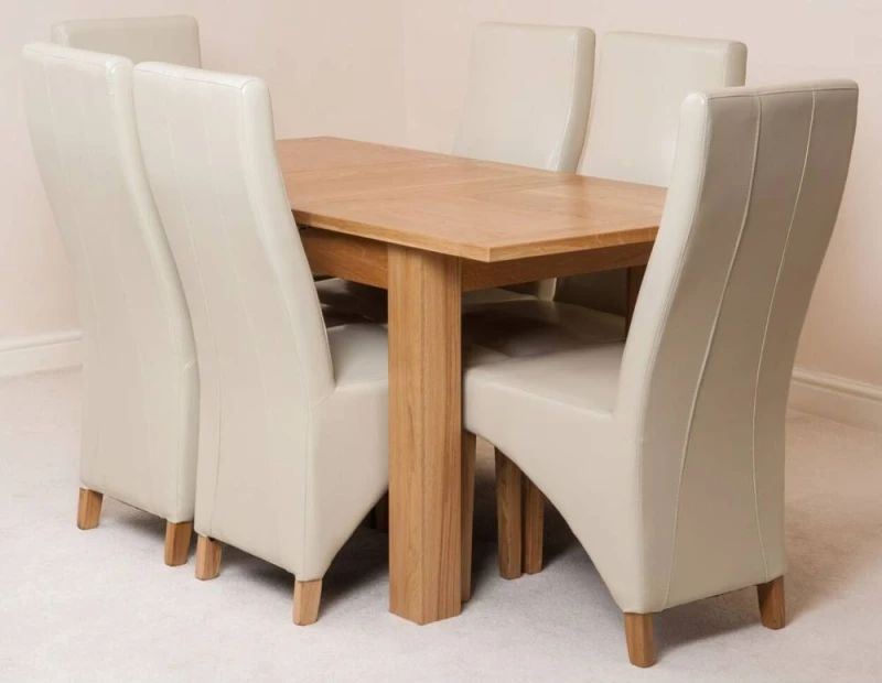 Image of Thats Furniture Hampton 120-160cm Oak Extending Dining Table & 6 Lola Leather Chairs in Cream Cream Unisex