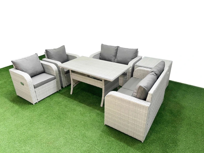 Image of Fimous 6 Seater Outdoor Reclining Chair Love Sofa Set Rattan Garden Furniture Set with Rectangular Dining Table Side Table Light Grey Light Grey