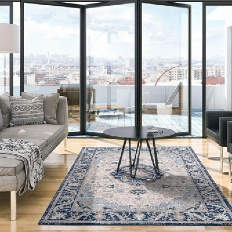 Image of The Rugs Montana Navy Cream Oriental Area Rug And Runner Soft Durable Pet Friendly Easy To Clean Living Room Bedroom 3922N