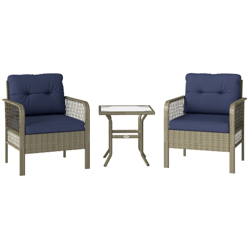 Image of Outsunny 3 Pieces Rattan Bistro Set with Tempered Glass Table Charcoal Grey TJ Hughes 5063603022164