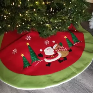 Image of 90cm Red Fabric Christmas Tree Skirt with Santa & Reindeer Scene
