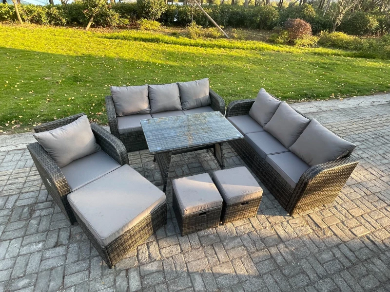 Image of Fimous Wicker 7 Pieces Rattan Garden Furniture Sofa Set with Rectangular Dining Table Armchair 3 Footstools Dark Grey Mixed Dark Grey