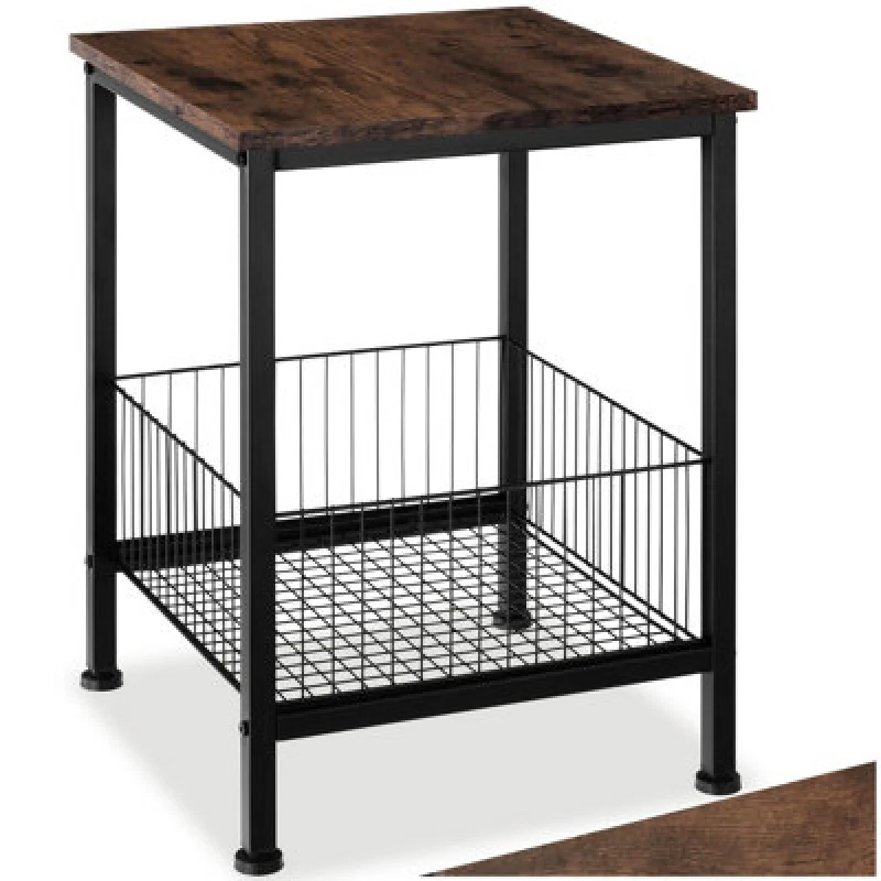Image of Tectake Bedside Table Grimsby - Industrial Style, With Mesh Basket, 40 X 40 X 55.5cm - Industrial Wood Dark, Rustic