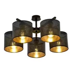 Image of Emibig Jordan Black Multi Arm Semi Flush Ceiling light with Black, Gold Fabric Shades, 5x E27