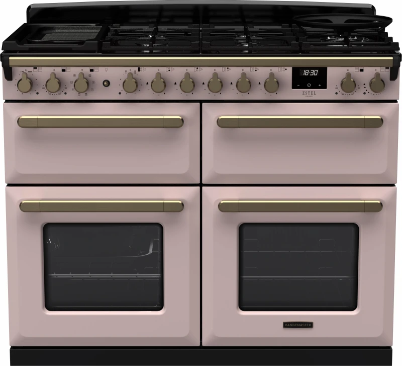 Image of Rangemaster Estel Deluxe ESDLB110DFPPPK/AB1 110cm wide Dual Fuel Range Cooker with Gas Hob - Pale Pink / Antique Brass - A/A Rated