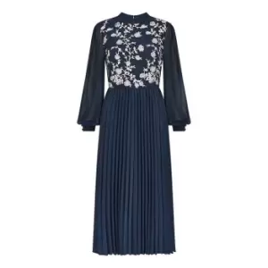 Image of Yumi Navy Embroidered Midi Dress With Pleats - Blue